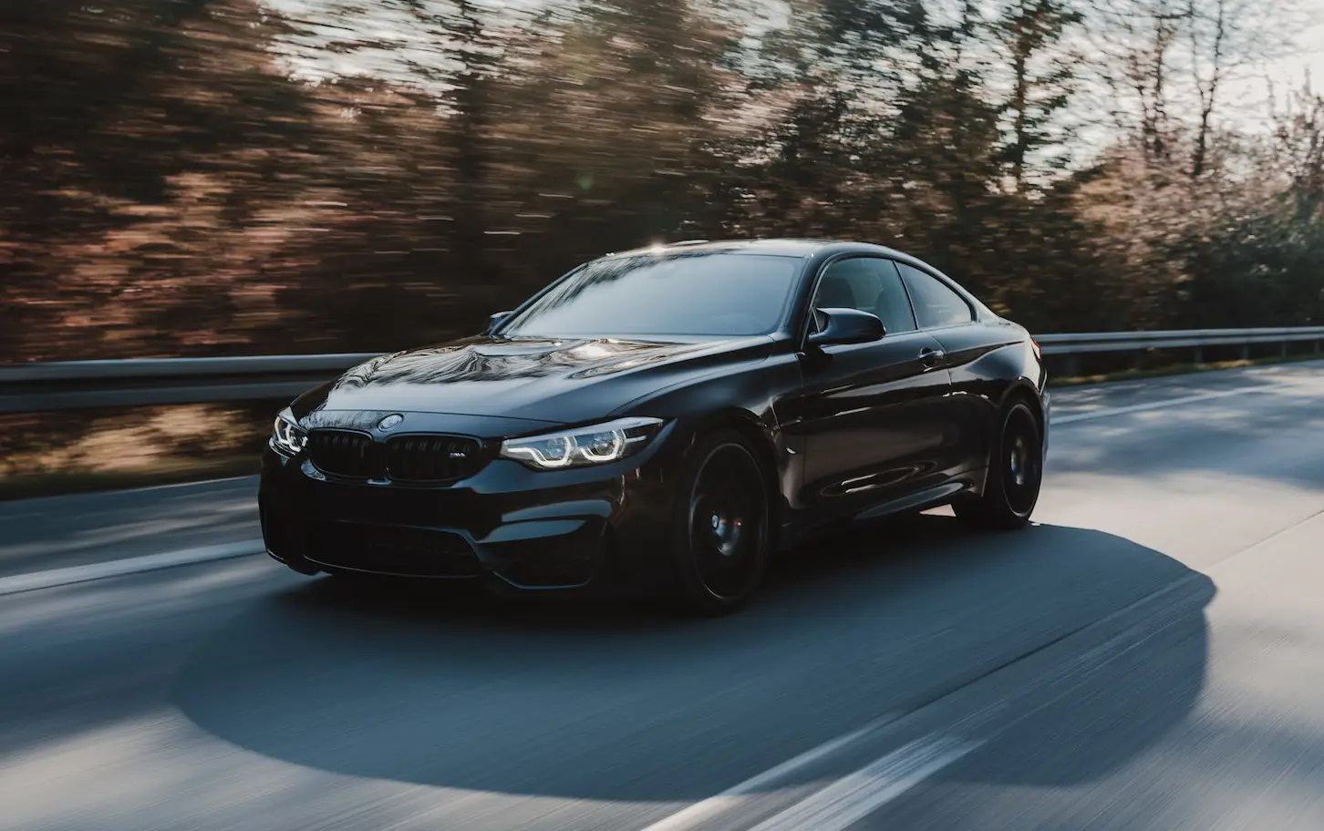 black bmw driving along smooth concrete road surrounded by trees